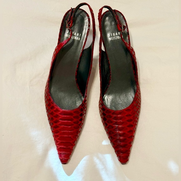 Stuart Weitzman Red Snakeskin Pointed Slingback Heel - Picture 1 of 11